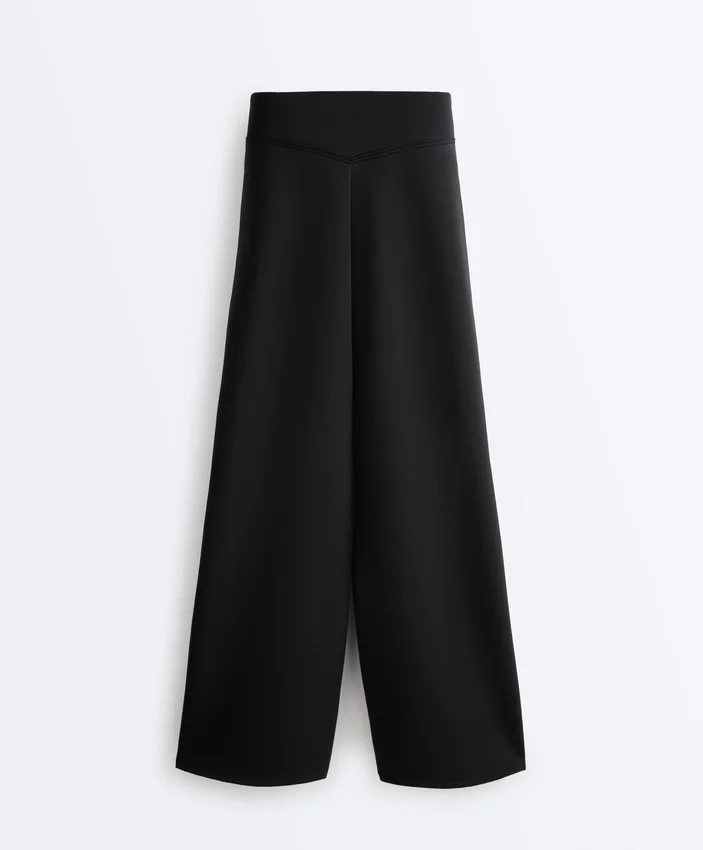 Calças de cintura alta e perna larga com efeito neoprene Calças de cintura alta e perna larga com efeito neoprene