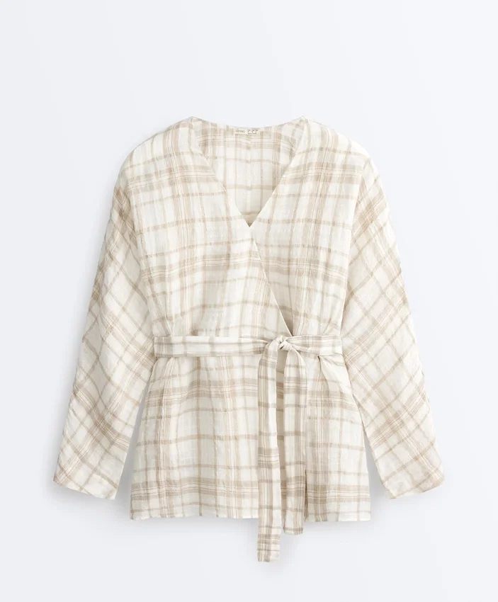 Camisas estilo quimono em mistura de linho e lyocell com padrão xadrez Camisas estilo quimono em mistura de linho e lyocell com padrão xadrez