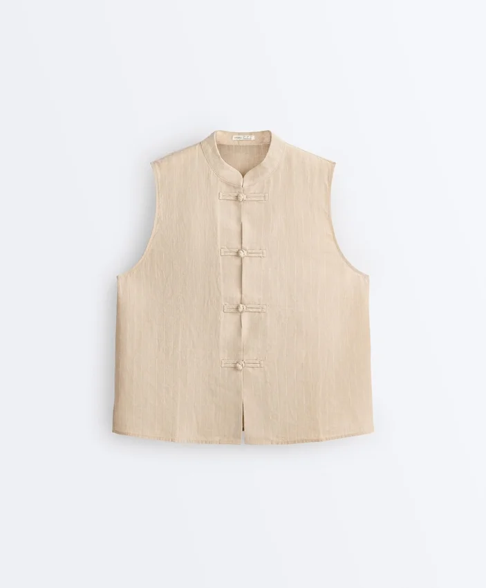 Camisas sem mangas 100% linho com gola alta e botões Camisas sem mangas 100% linho com gola alta e botões