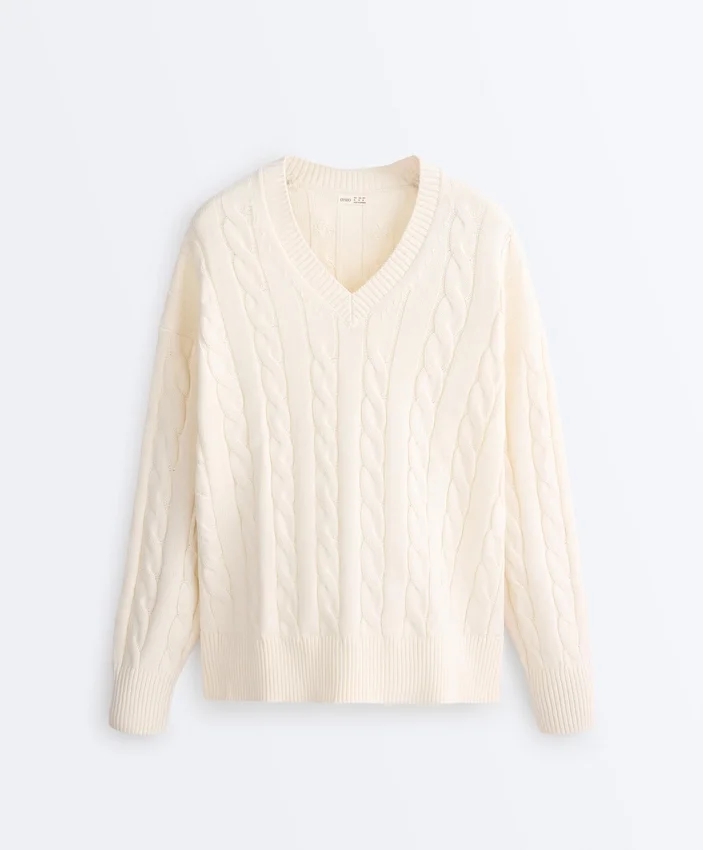 Camisola com decote em V em malha trançada 100% algodão Camisola com decote em V em malha trançada 100% algodão