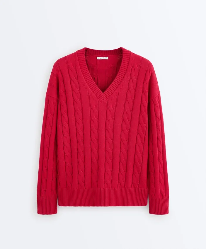 Camisola com decote em V em malha trançada 100% algodão Camisola com decote em V em malha trançada 100% algodão