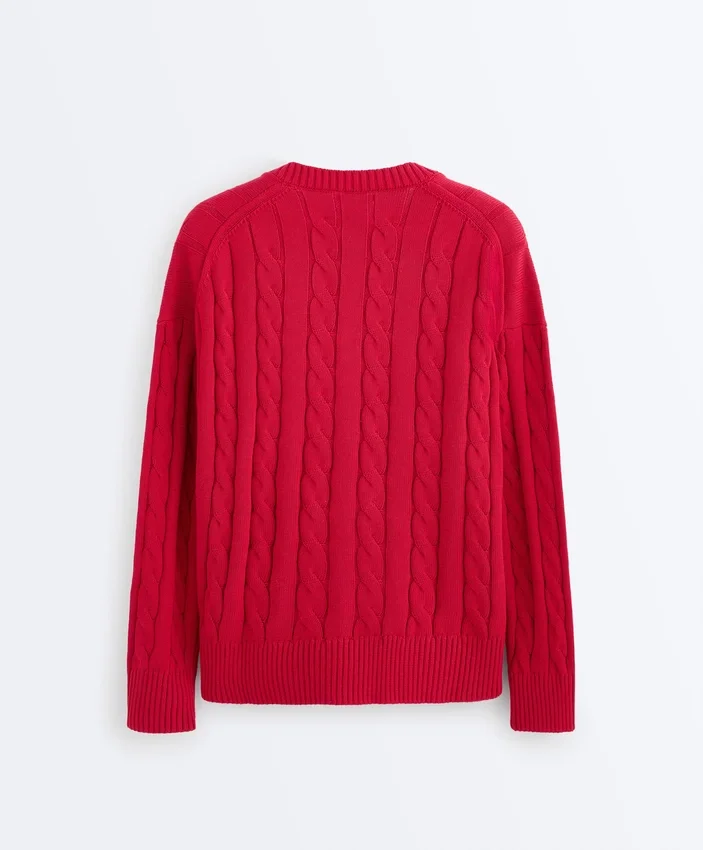 Camisola com decote em V em malha trançada 100% algodão Camisola com decote em V em malha trançada 100% algodão