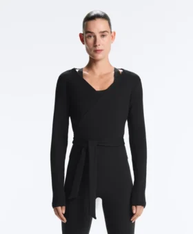 Camisola cruzada em malha canelada de mistura de algodão