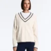 Camisola de malha com decote em V contrastante Camisola de malha com decote em V contrastante