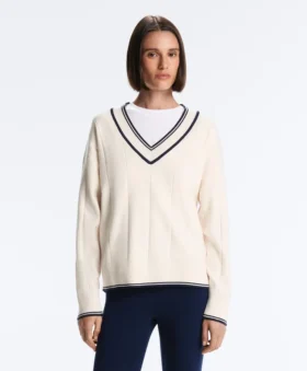 Camisola de malha com decote em V contrastante Camisola de malha com decote em V contrastante