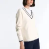 Camisola de malha com decote em V contrastante Camisola de malha com decote em V contrastante