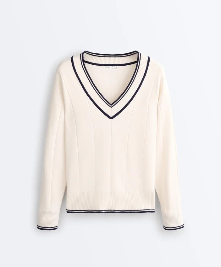 Camisola de malha com decote em V contrastante Camisola de malha com decote em V contrastante