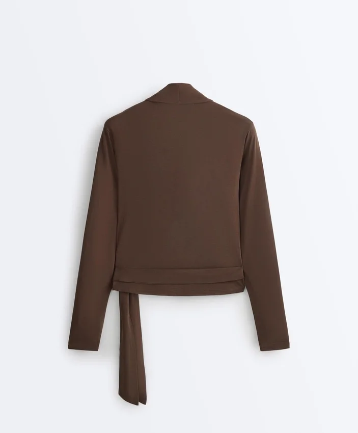 Camisola de manga comprida com decote cruzado em mistura de modal Camisola de manga comprida com decote cruzado em mistura de modal