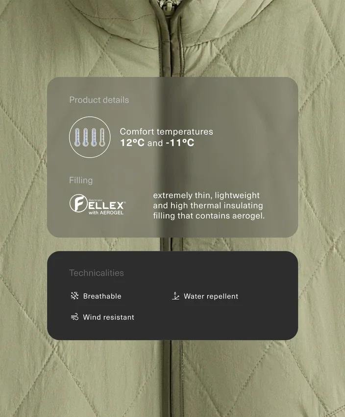 Casaco acolchoado em Fellex® Aerogel repelente à água Casaco acolchoado em Fellex® Aerogel repelente à água