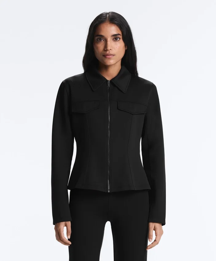 Casaco com peplum com efeito neoprene e canelado Casaco com peplum com efeito neoprene e canelado