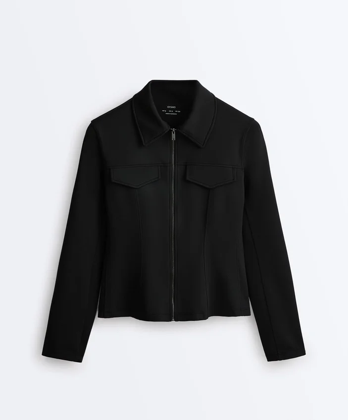 Casaco com peplum com efeito neoprene e canelado Casaco com peplum com efeito neoprene e canelado
