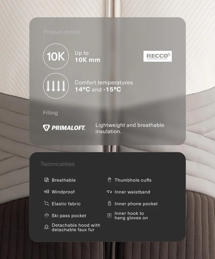 Casaco de esqui Primaloft® com blocos de cor, superajustado e resistente à água Casaco de esqui Primaloft® com blocos de cor, superajustado e resistente à água