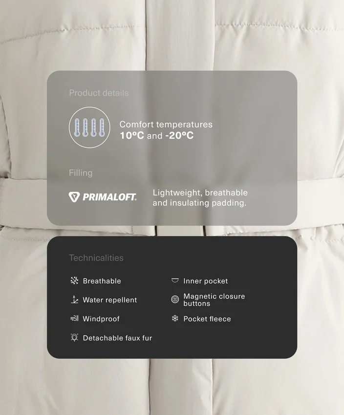 Casaco Midi Acolchoado Primaloft® Repelente à Água Casaco Midi Acolchoado Primaloft® Repelente à Água