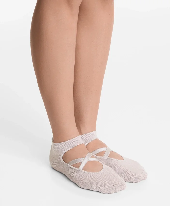 Conjunto de 2 pares de meias de mistura de algodão para ioga e pilates com tiras cruzadas Conjunto de 2 pares de meias de mistura de algodão para ioga e pilates com tiras cruzadas