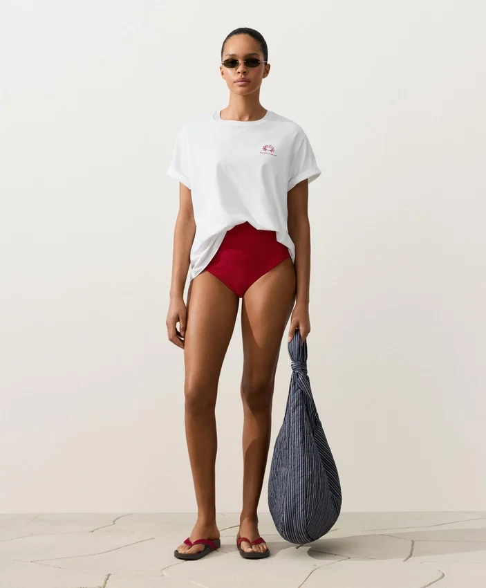 Cueca de biquíni de cintura alta com textura waffle Cueca de biquíni de cintura alta com textura waffle