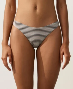Cueca de biquíni de cobertura média com corte em U às riscas Cueca de biquíni de cobertura média com corte em U às riscas