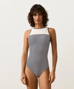 Fato de banho com alças halter às riscas Fato de banho com alças halter às riscas