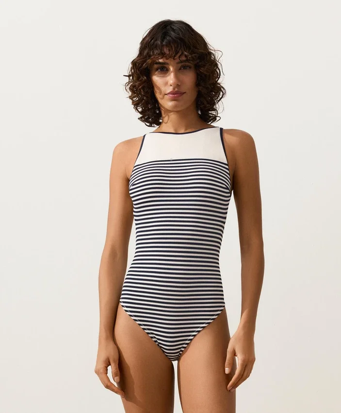 Fato de banho com alças halter às riscas Fato de banho com alças halter às riscas
