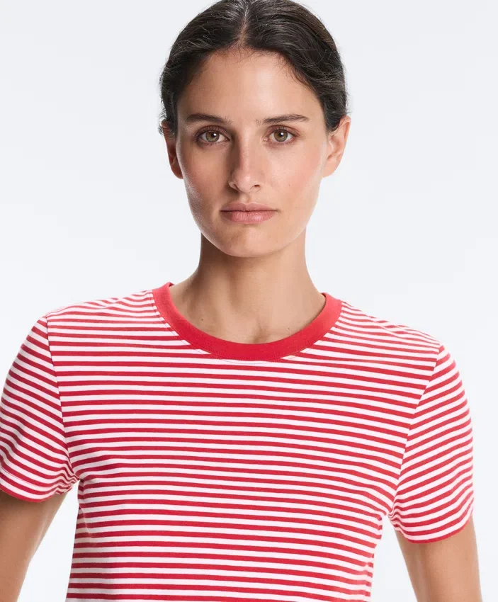 T-shirt de manga curta com corte regular em mistura de algodão às riscas T-shirt de manga curta com corte regular em mistura de algodão às riscas