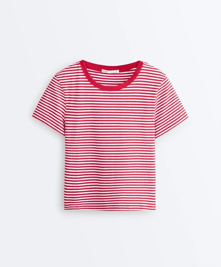 T-shirt de manga curta com corte regular em mistura de algodão às riscas T-shirt de manga curta com corte regular em mistura de algodão às riscas
