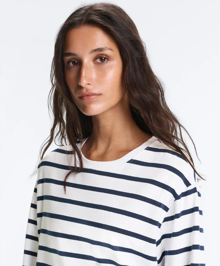 T-shirt larga oversize de manga comprida em mistura de algodão com riscas T-shirt larga oversize de manga comprida em mistura de algodão com riscas