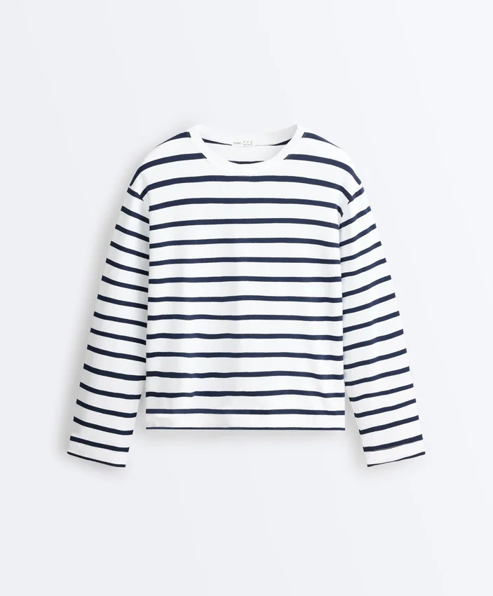 T-shirt larga oversize de manga comprida em mistura de algodão com riscas T-shirt larga oversize de manga comprida em mistura de algodão com riscas
