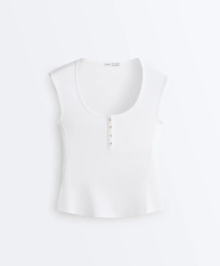 T-shirt sem mangas em malha canelada com botões de algodão e modal T-shirt sem mangas em malha canelada com botões de algodão e modal