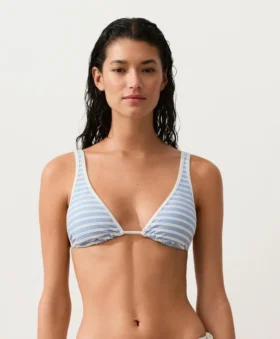 Top de biquíni triangular com alças halter e textura às riscas