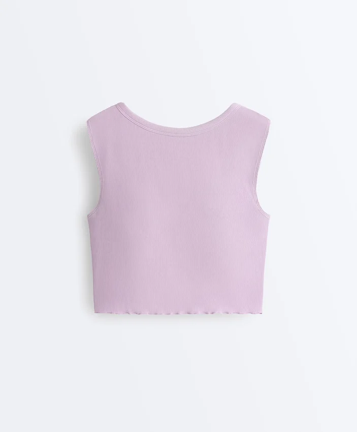 Tops sem mangas de calções em malha canelada com mistura de modal e detalhe ondulado Tops sem mangas de calções em malha canelada com mistura de modal e detalhe ondulado