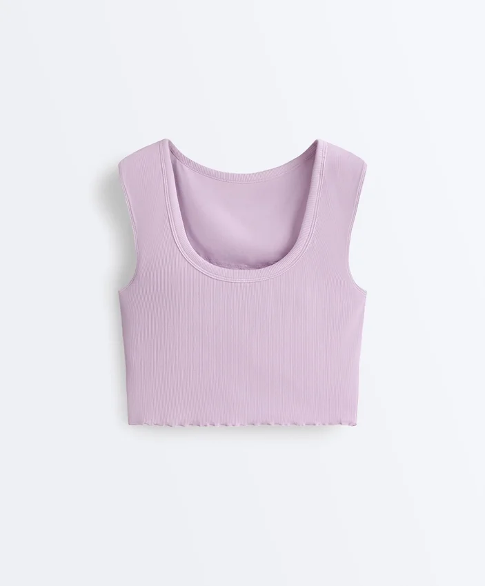 Tops sem mangas de calções em malha canelada com mistura de modal e detalhe ondulado Tops sem mangas de calções em malha canelada com mistura de modal e detalhe ondulado