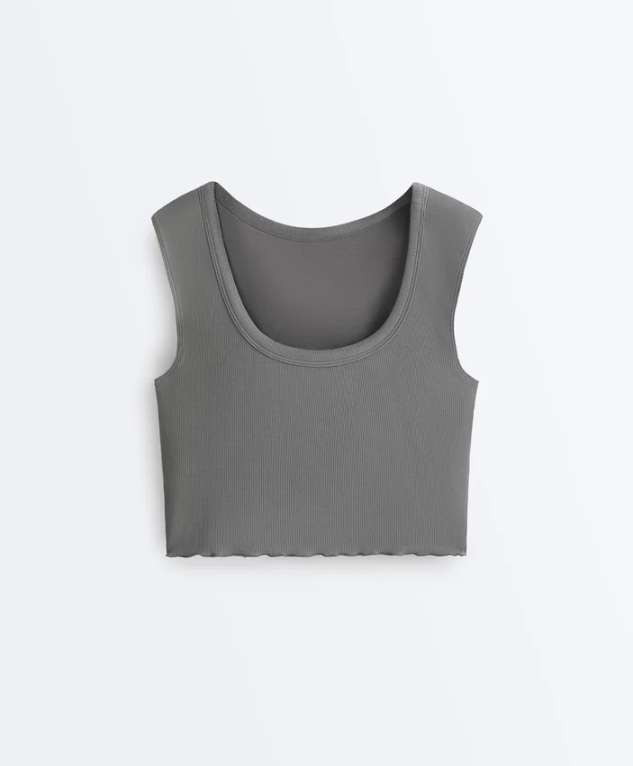 Tops sem mangas de calções em malha canelada com mistura de modal e detalhe ondulado Tops sem mangas de calções em malha canelada com mistura de modal e detalhe ondulado